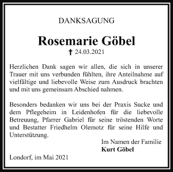 Traueranzeige von Rosemarie Göbel von Rabenauer Zeitung
