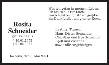 Traueranzeige von Rosita Schneider von Wetterauer Zeitung