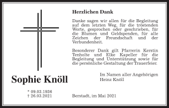 Traueranzeige von Sophie Knöll von Wetterauer Zeitung