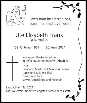 Traueranzeige von Ute Elisabeth Frank von Giessener Allgemeine, Alsfelder Allgemeine