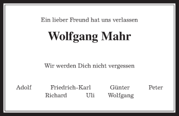 Traueranzeige von Wolfgang Mahr von Wetterauer Zeitung