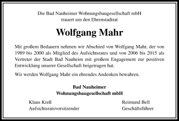 Traueranzeige von Wolfgang Mahr von Wetterauer Zeitung