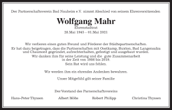 Traueranzeige von Wolfgang Mahr von Wetterauer Zeitung