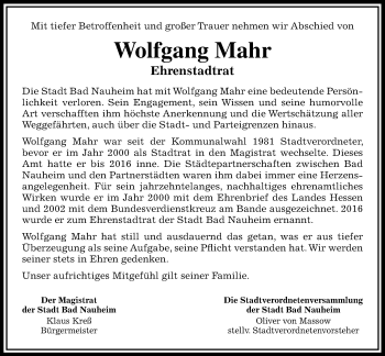 Traueranzeige von Wolfgang Mahr von Wetterauer Zeitung