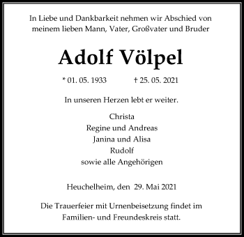 Traueranzeige von Adolf Völpel von Giessener Allgemeine, Alsfelder Allgemeine