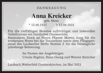 Traueranzeige von Anna Kreicker von Laubacher Anzeiger