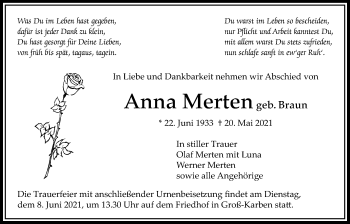 Traueranzeige von Anna Merten von Bad Vilbel/Karben