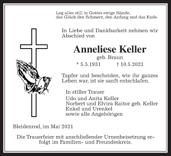 Traueranzeige von Anneliese Keller von Giessener Allgemeine, Alsfelder Allgemeine