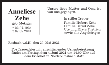 Traueranzeige von Anneliese Zehe von Wetterauer Zeitung