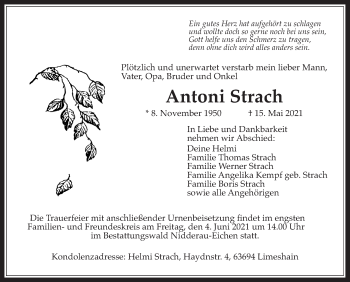 Traueranzeige von Antoni Strach von Wetterauer Zeitung