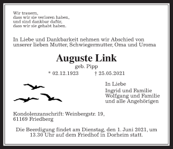Traueranzeige von Auguste Link von Wetterauer Zeitung