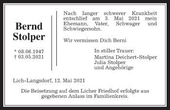 Traueranzeige von Bernd Stolper von Licher Wochenblatt