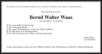 Traueranzeige von Bernd Walter Waas von Wetterauer Zeitung
