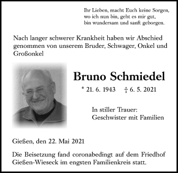 Traueranzeige von Bruno Schmiedel von Giessener Allgemeine, Alsfelder Allgemeine