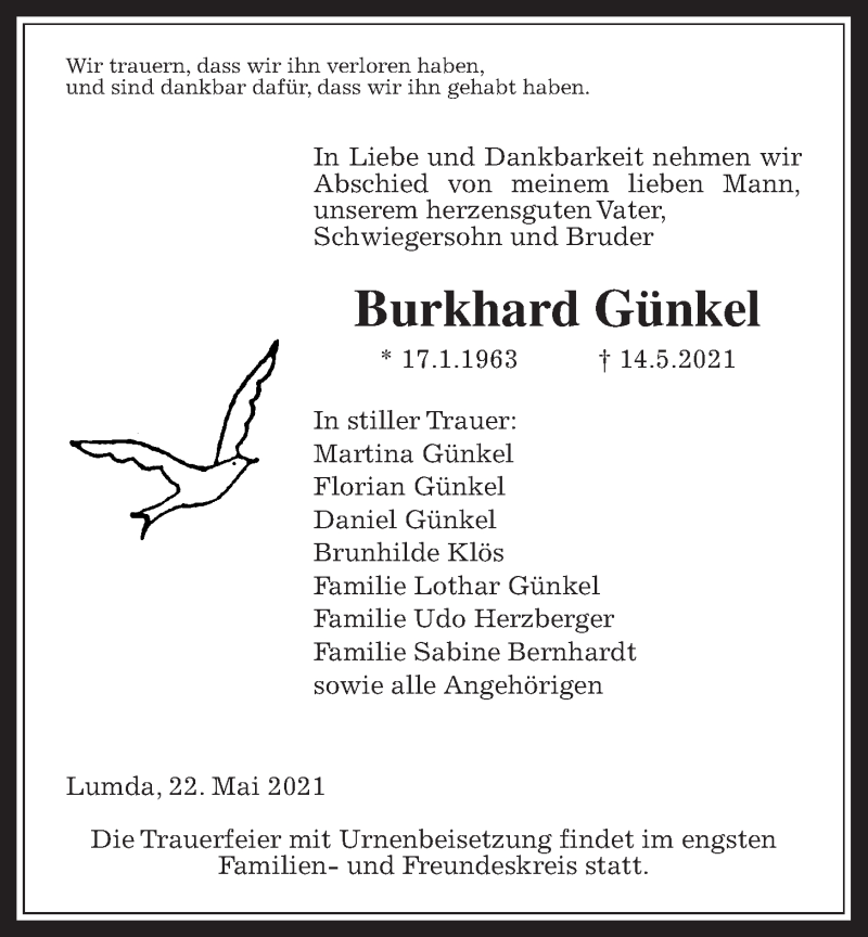  Traueranzeige für Burkhard Günkel vom 22.05.2021 aus Giessener Allgemeine, Alsfelder Allgemeine