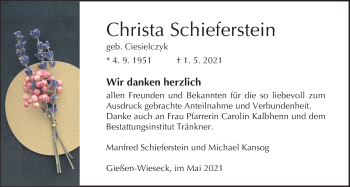Traueranzeige von Christa Schieferstein von Giessener Allgemeine, Alsfelder Allgemeine