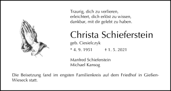 Traueranzeige von Christa Schieferstein von Giessener Allgemeine, Alsfelder Allgemeine