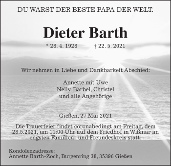 Traueranzeige von Dieter Barth von Giessener Allgemeine, Alsfelder Allgemeine