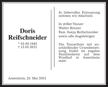Traueranzeige von Doris Reifschneider von Wetterauer Zeitung