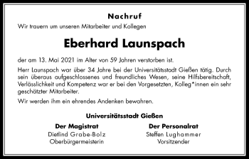 Traueranzeige von Eberhard Launspach von Giessener Allgemeine, Alsfelder Allgemeine