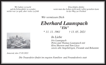 Traueranzeige von Eberhard Launspach von Giessener Allgemeine, Alsfelder Allgemeine