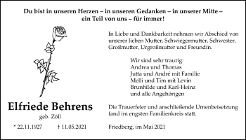 Traueranzeige von Elfriede Behrens von Wetterauer Zeitung