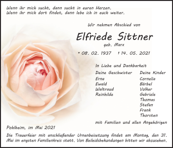 Traueranzeige von Elfriede Sittner von Giessener Allgemeine, Alsfelder Allgemeine