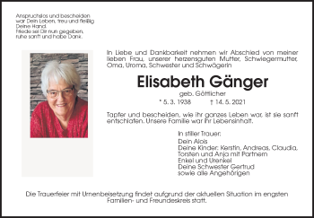Traueranzeige von Elisabeth Gänger von Wetterauer Zeitung
