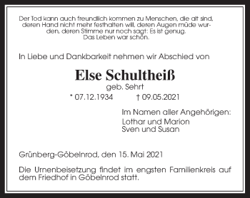 Traueranzeige von Else Schultheiß von Giessener Allgemeine, Alsfelder Allgemeine