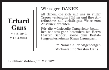 Traueranzeige von Erhard Gans von Giessener Allgemeine, Alsfelder Allgemeine