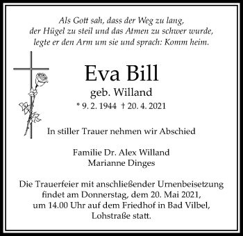 Traueranzeige von Eva Bill von Bad Vilbel/Karben