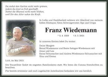 Traueranzeige von Franz Wiedemann von Licher Wochenblatt
