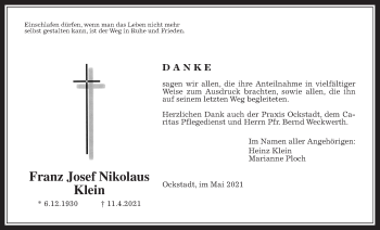 Traueranzeige von Franz Josef Nikolaus Klein von Wetterauer Zeitung