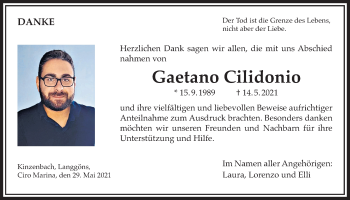 Traueranzeige von Gaetano Cilidonio von Giessener Allgemeine, Alsfelder Allgemeine