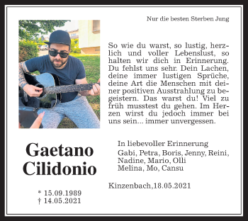 Traueranzeige von Gaetano Cilidonio von Giessener Allgemeine, Alsfelder Allgemeine