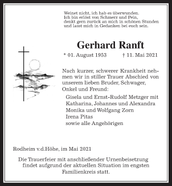 Traueranzeige von Gerhard Ranft von Wetterauer Zeitung