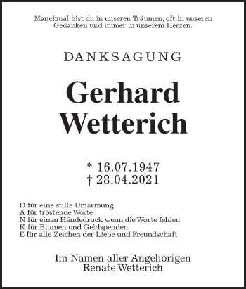 Traueranzeige von Gerhard Wetterich von Wetterauer Zeitung