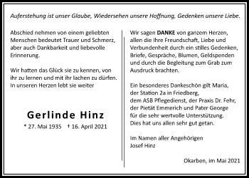 Traueranzeige von Gerlinde Hinz von Bad Vilbel/Karben