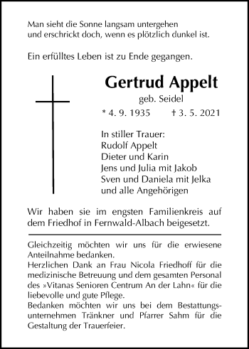 Traueranzeige von Gertrud Appelt von Giessener Allgemeine, Alsfelder Allgemeine