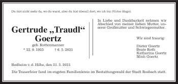 Traueranzeige von Gertrude Goertz von Wetterauer Zeitung
