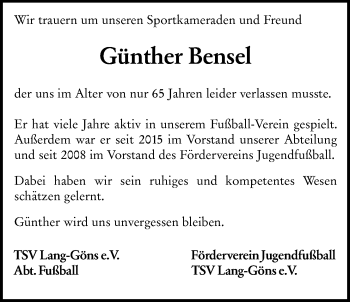 Traueranzeige von Günther Bensel von Giessener Allgemeine, Alsfelder Allgemeine
