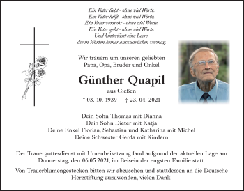 Traueranzeige von Günther Quapil von Giessener Allgemeine, Alsfelder Allgemeine
