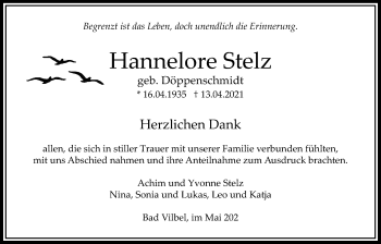 Traueranzeige von Hannelore Stelz von Bad Vilbel/Karben