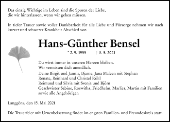 Traueranzeige von Hans-Günther Bensel von Giessener Allgemeine, Alsfelder Allgemeine
