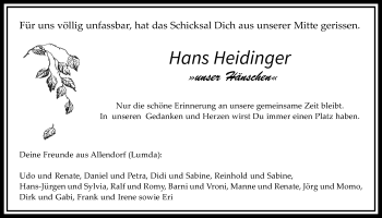 Traueranzeige von Hans Heidinger von Giessener Allgemeine, Alsfelder Allgemeine