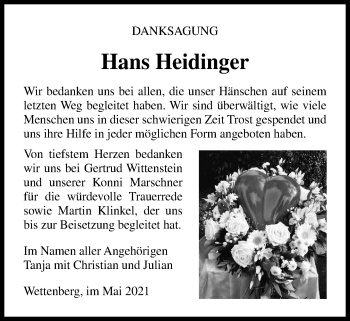 Traueranzeige von Hans Heidinger von Giessener Allgemeine, Alsfelder Allgemeine