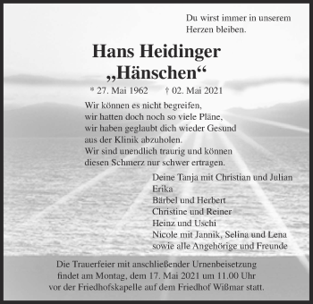 Traueranzeige von Hans Heidinger von Giessener Allgemeine, Alsfelder Allgemeine