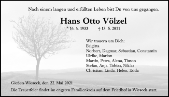 Traueranzeige von Hans Otto Völzel von Giessener Allgemeine, Alsfelder Allgemeine