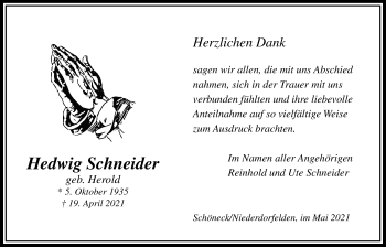 Traueranzeige von Hedwig Schneider von Bad Vilbel/Karben