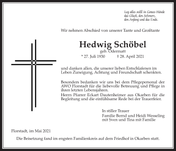 Traueranzeige von Hedwig Schöbel von Wetterauer Zeitung